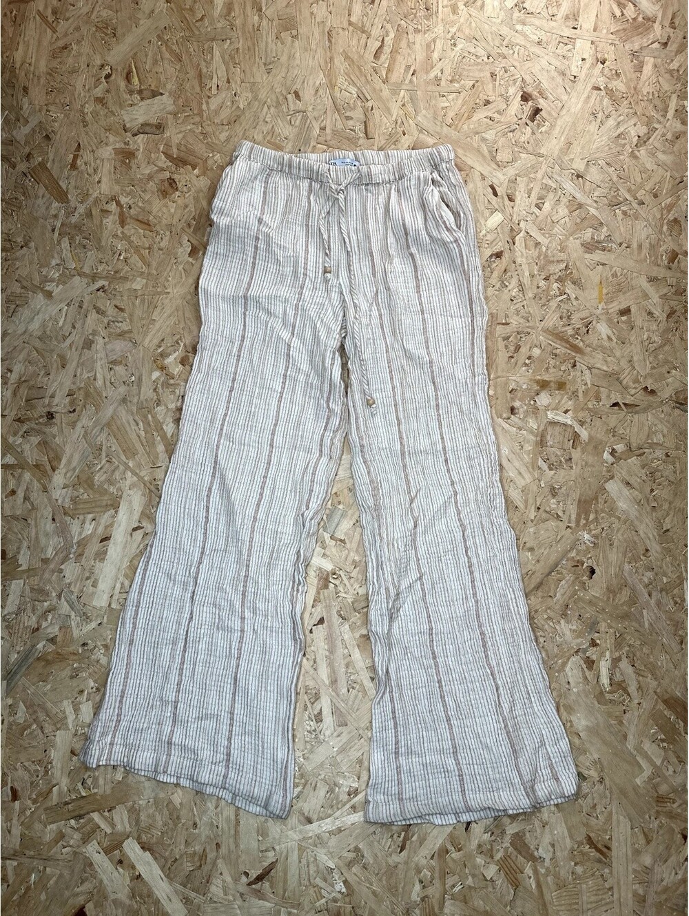 Zara Striped Wide Leg Pants Womens Medium Beige Cotton Blend Drawstring Casual